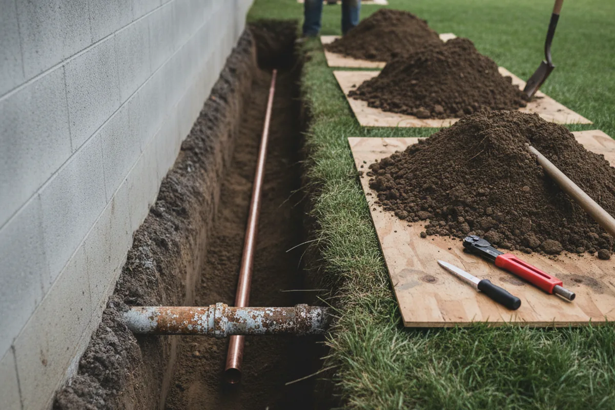 Excavated water line trench during Water Softener Installation in Jackson